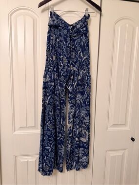 FP One Free People Aloha Tiered Wide Leg Pants Bandana Blue Floral Size L